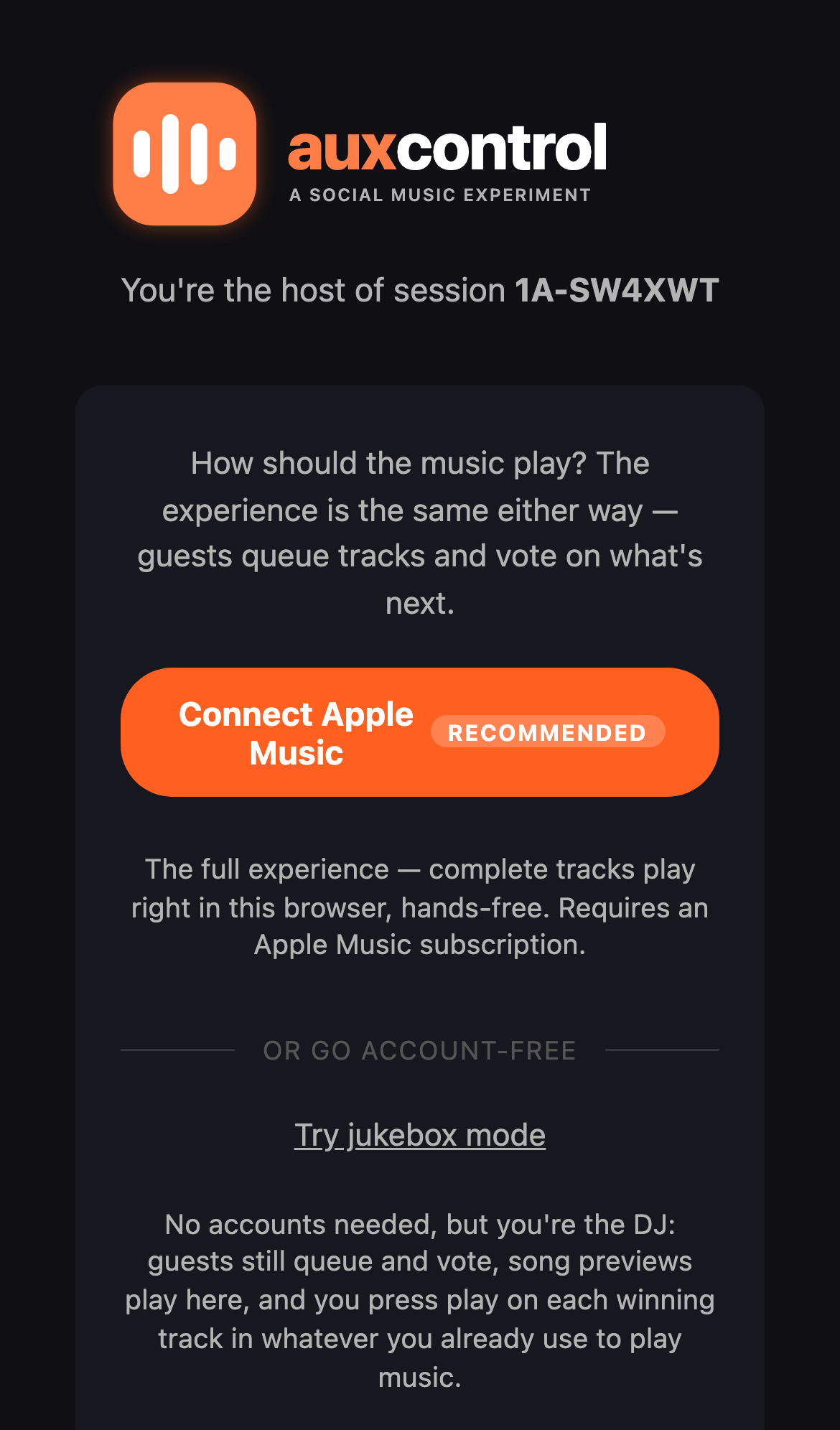 Choose your music source screen, with Connect Apple Music marked recommended
