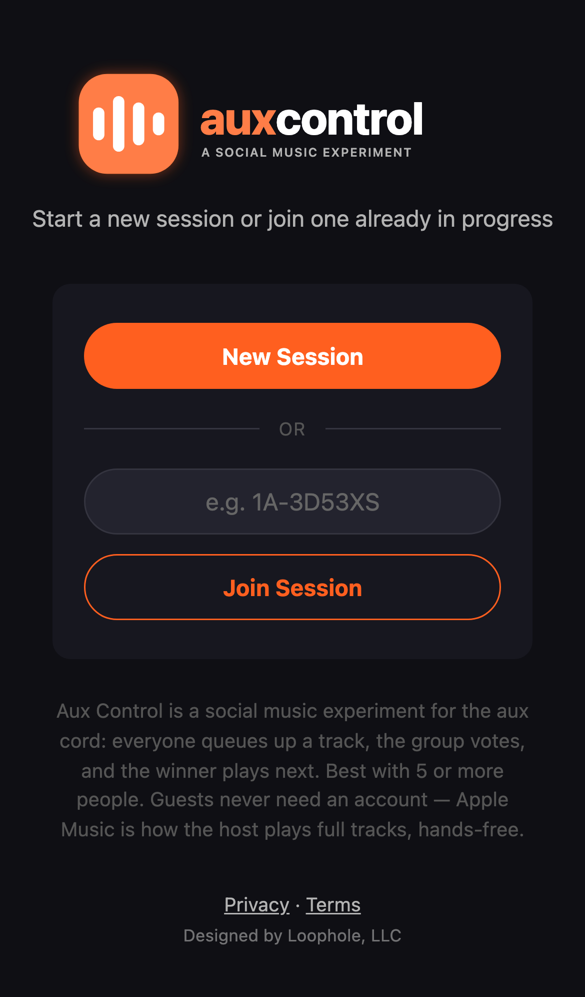 Aux Control home screen on a phone, with New Session and Join Session buttons
