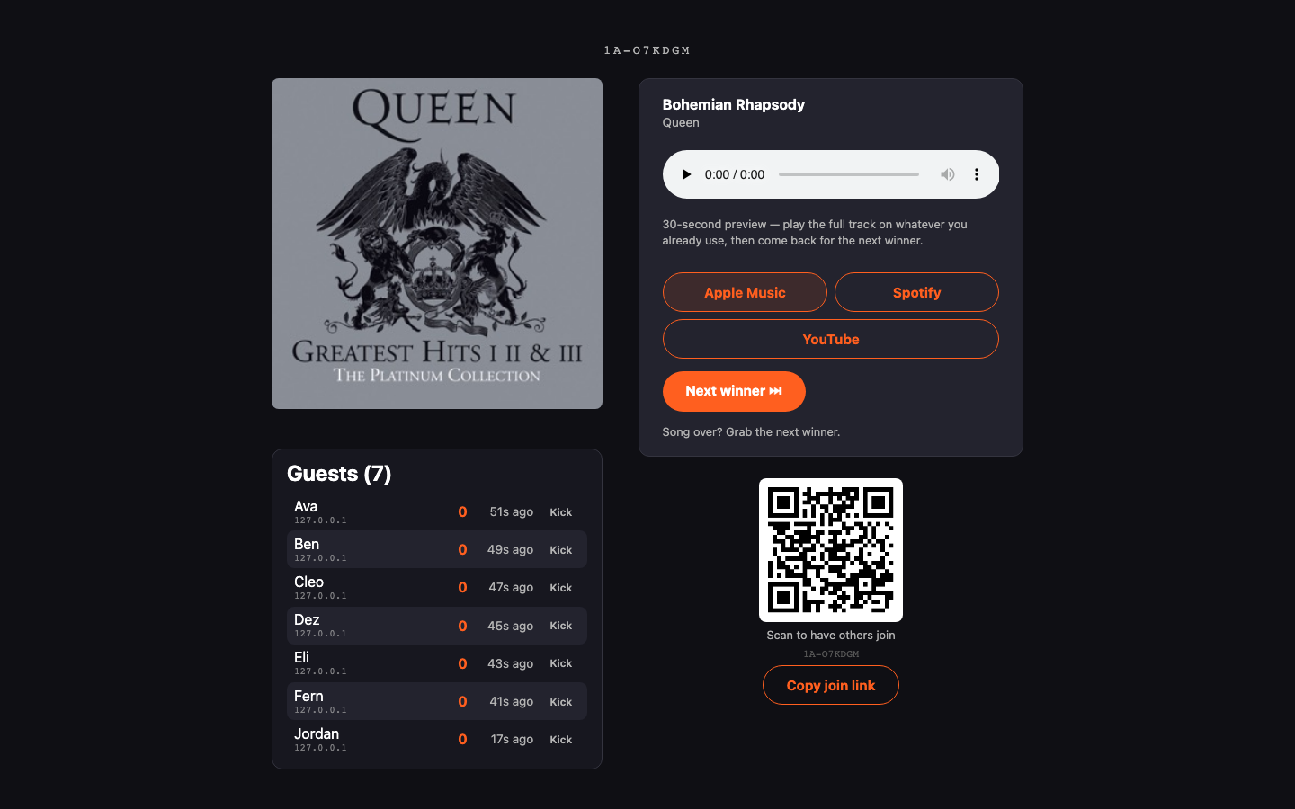 Host's Now Playing screen on a laptop, showing the current track, guest list, and invite QR code