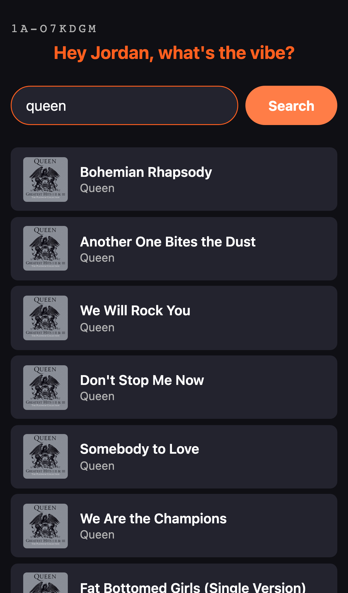 Search screen showing song results for a Queen search