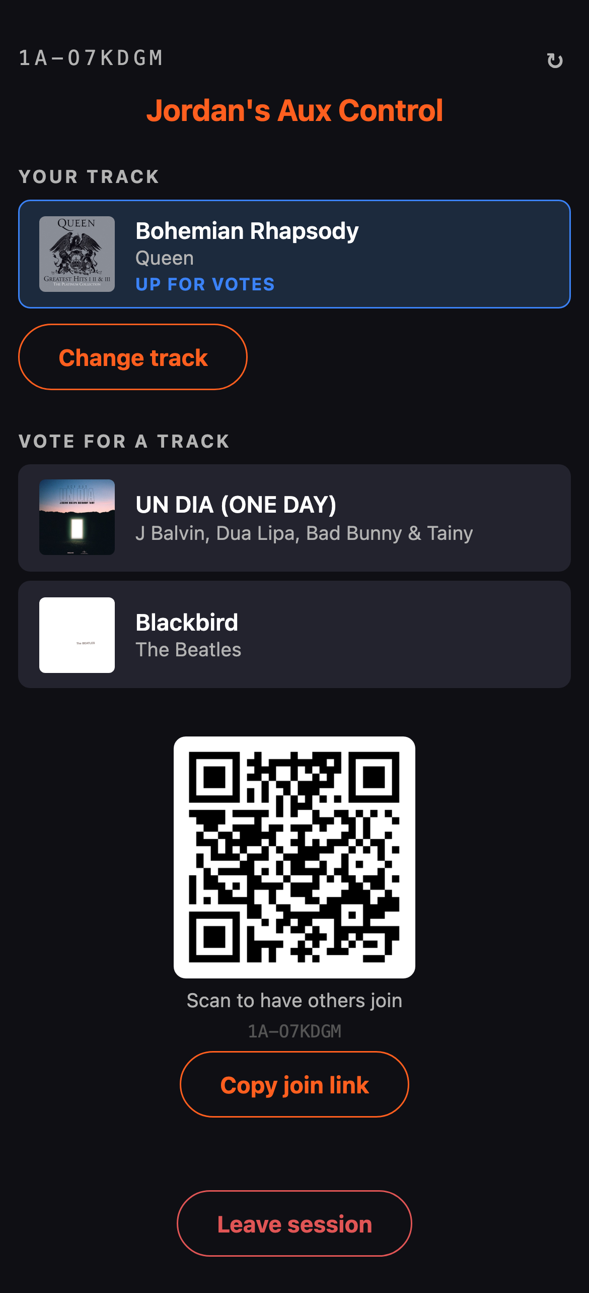 Vote screen showing track choices, a scoreboard, and the invite QR code
